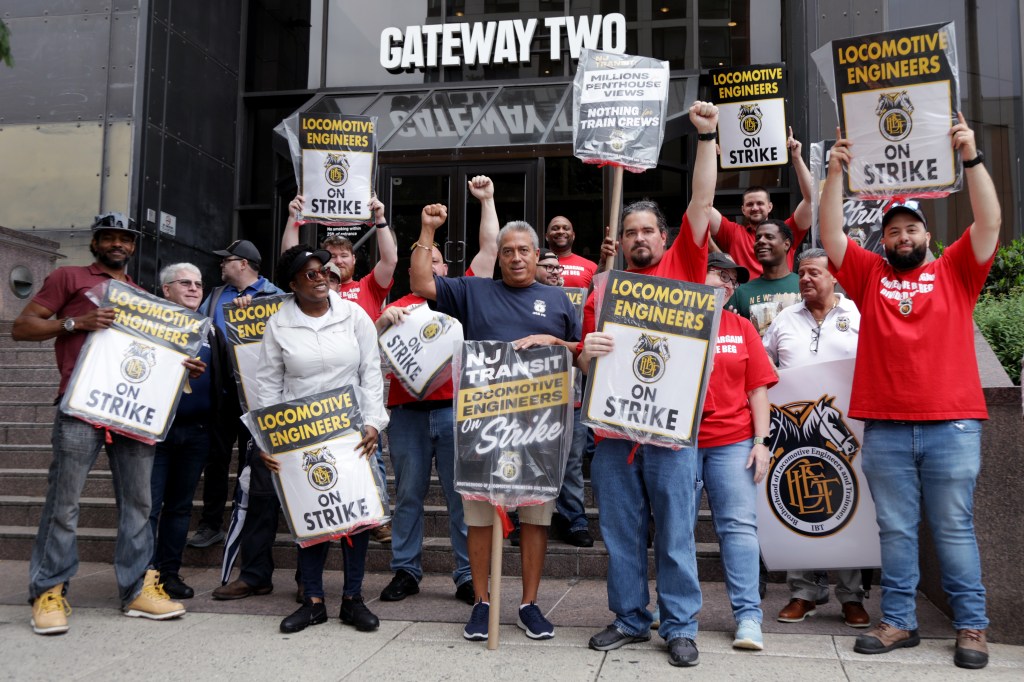 Members of the Brotherhood of Locomotive Engineers protesting near Newark Penn Station in Newark, New Jersey on May 17, 2025. Photo by Leonardo Munoz.