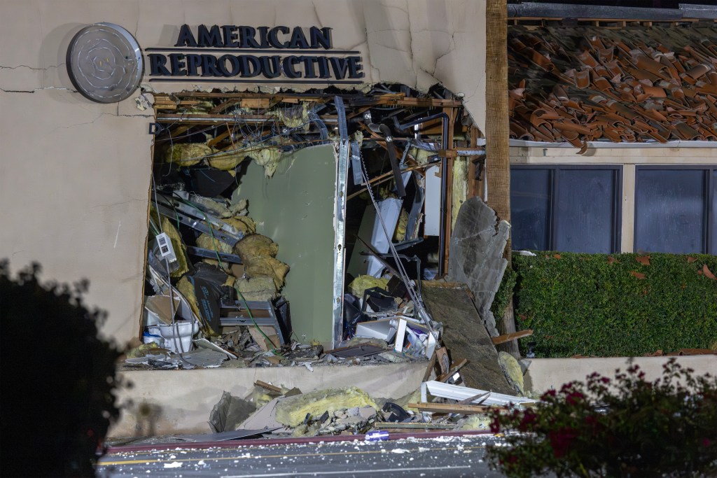 The damaged front of the American Reproductive Centers fertility clinic stands following a bomb blast on May 17, 2025 in Palm Springs, California. 