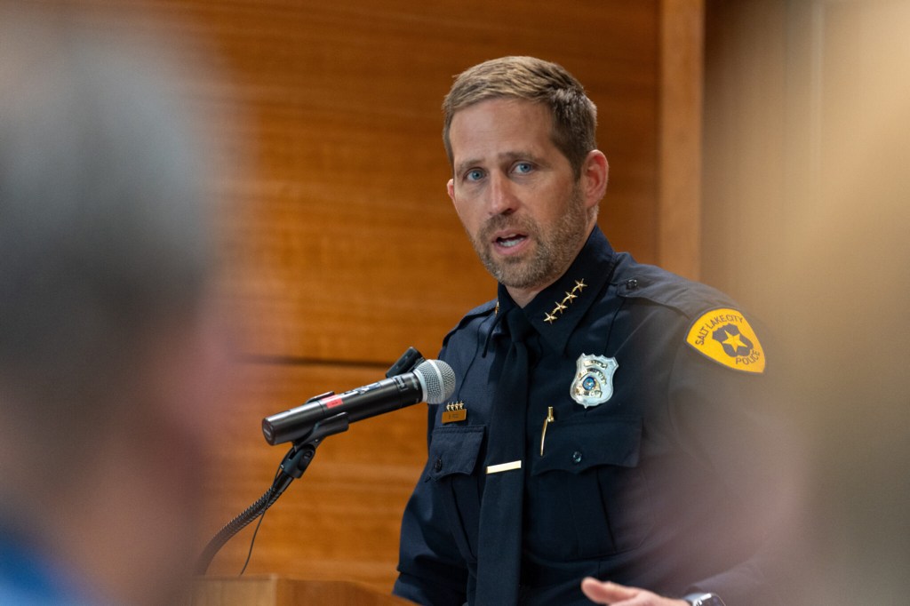 Police Chief Brian Redd at a press conference in Salt Lake City where  he named Ricky Lee Stallworth as the suspected killer of Christine Gallegos, 18, whose case had remained unsolved for forty years. 