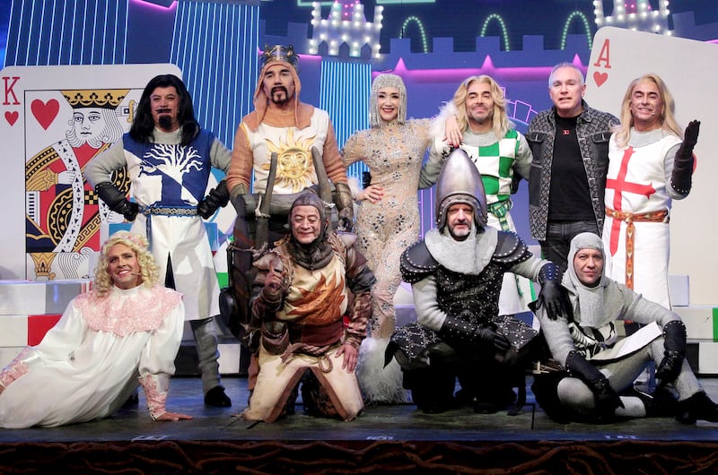 Actors Freddy Ortega, Adrián Uribe, Susana Zabaleta, Omar Chaparro, Adal Ramones; Ricardo Margaleff, Germán Ortega, Ricardo Fastlich and Faisy onstage at "Spamalot" at Centro Cultural Teatro 1 on February 5, 2025 in Mexico City, Mexico.
