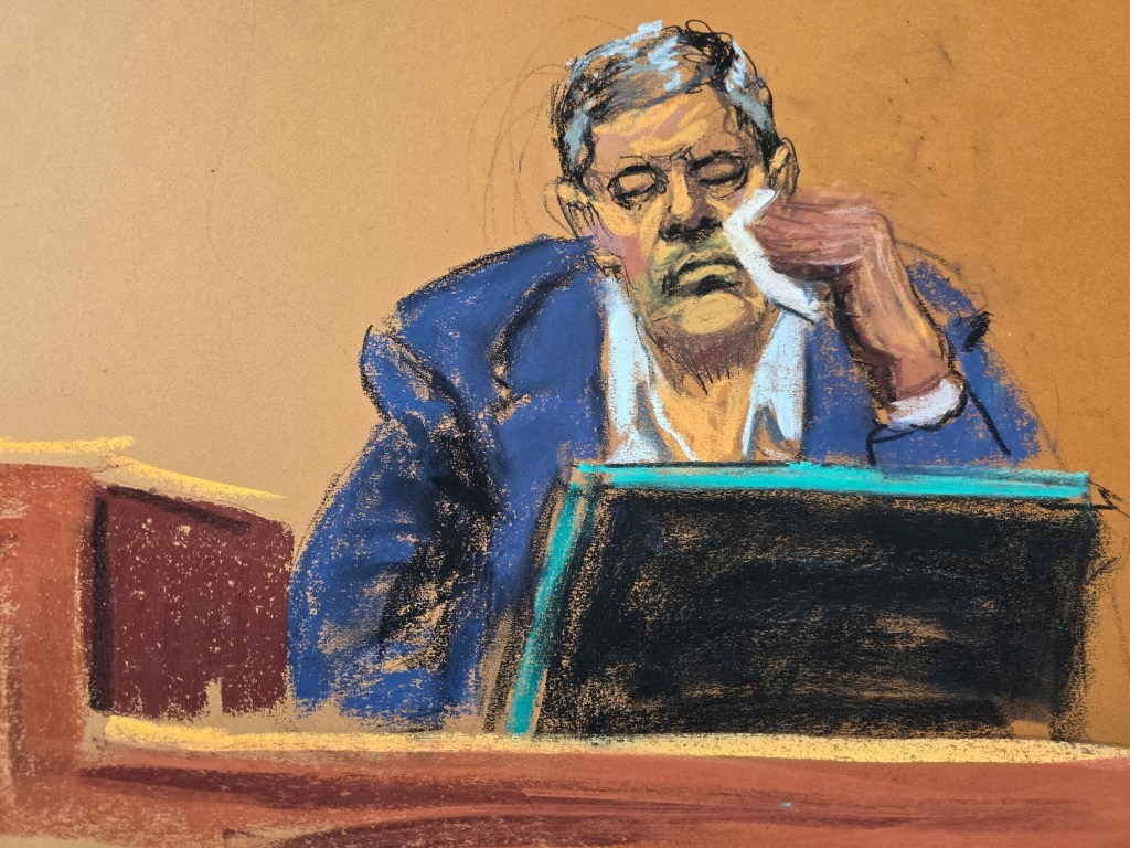 Courtroom sketch of Sean 'Diddy' Combs' assistant, David James, testifying at Combs' sex trafficking trial in New York City, date May 19, 2025.