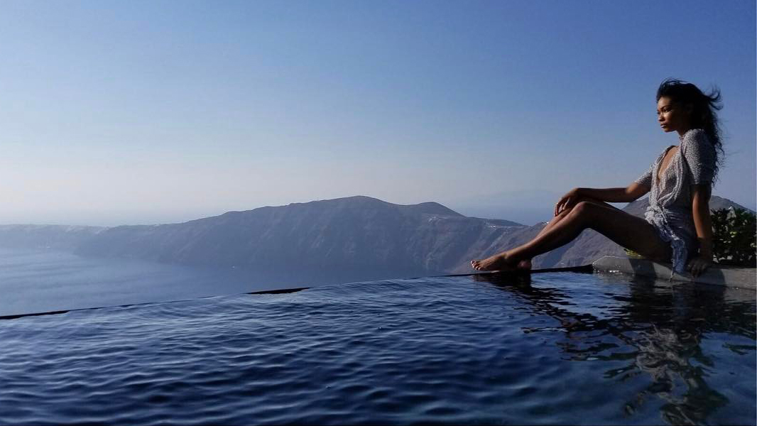 Model Chanel Iman at the Andronis Concept Wellness Resort in Greece. 