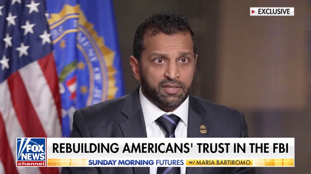 FBI Director Kash Patel being interviewed on Maria Bartiromo's show, discussing Jeffrey Epstein's death