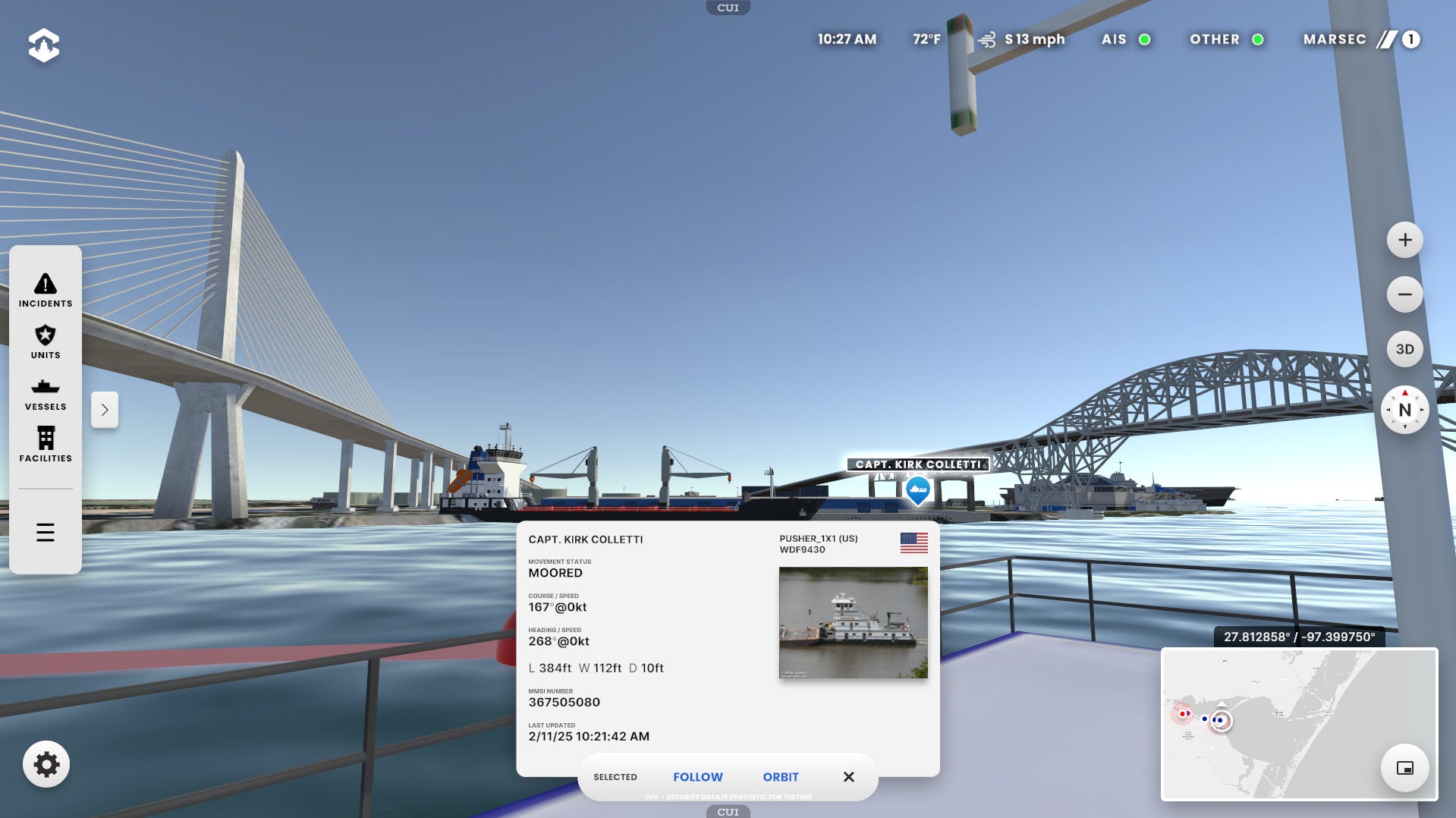 OPTICS displays a ship moored in the Port of Corpus Christi.