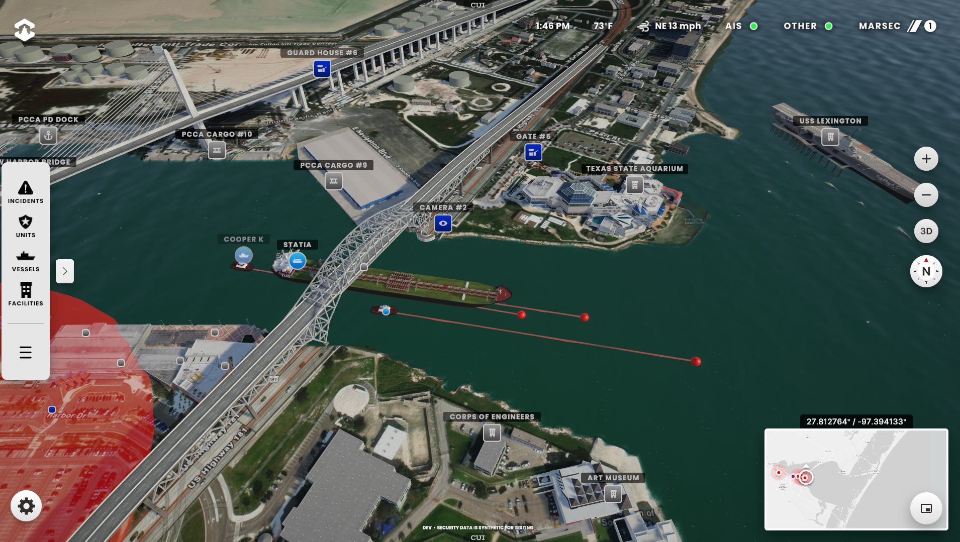 a map shows the path of vessels coming in and out of a port