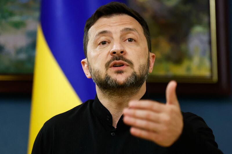 Ukraine's President Volodymyr Zelensky speaks during a press briefing following phone calls with Donald Trump