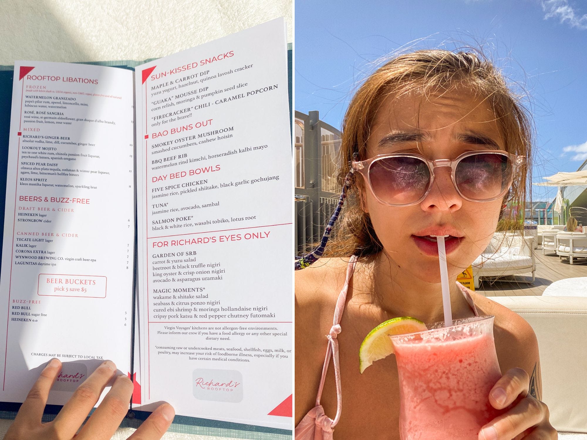 A composite image of a menu book opened up with red and black text on the pages and the author sipping a strawberry daiquiri in sunglasses with blue skies behind her.