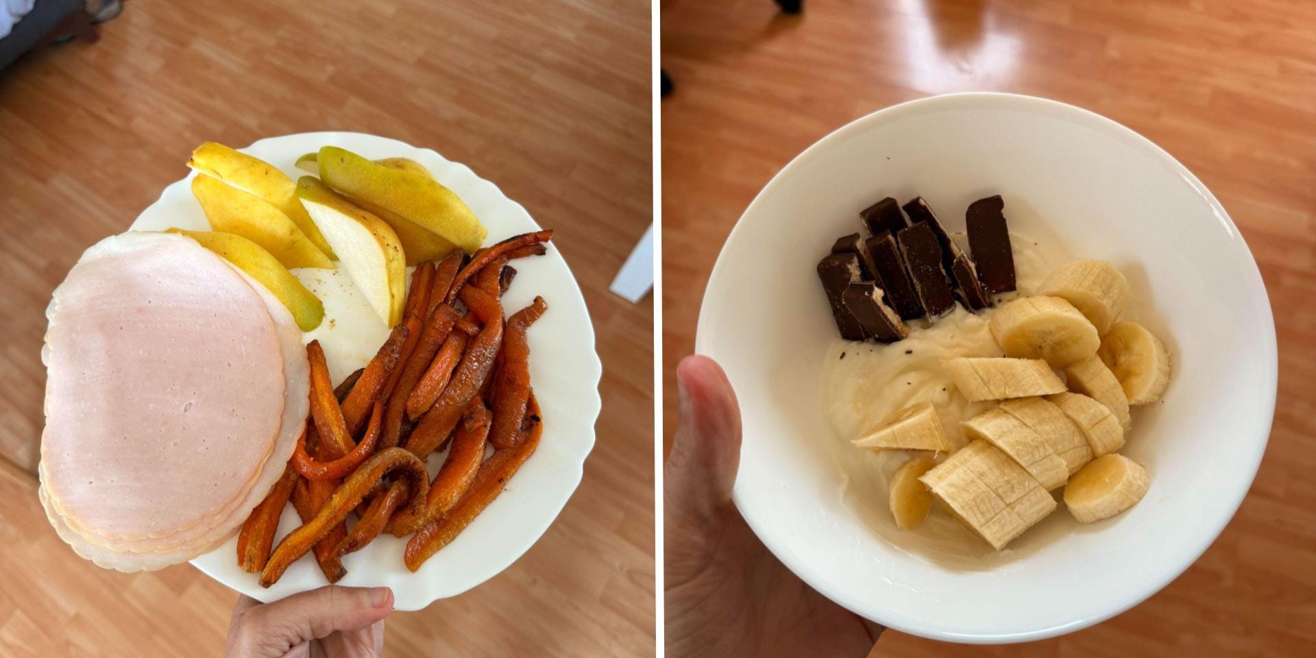Helene Sula is holding a plate with slices of turkey, grilled carrots, and apples. Next to the plate is a bowl of sliced bananas and chocolate.