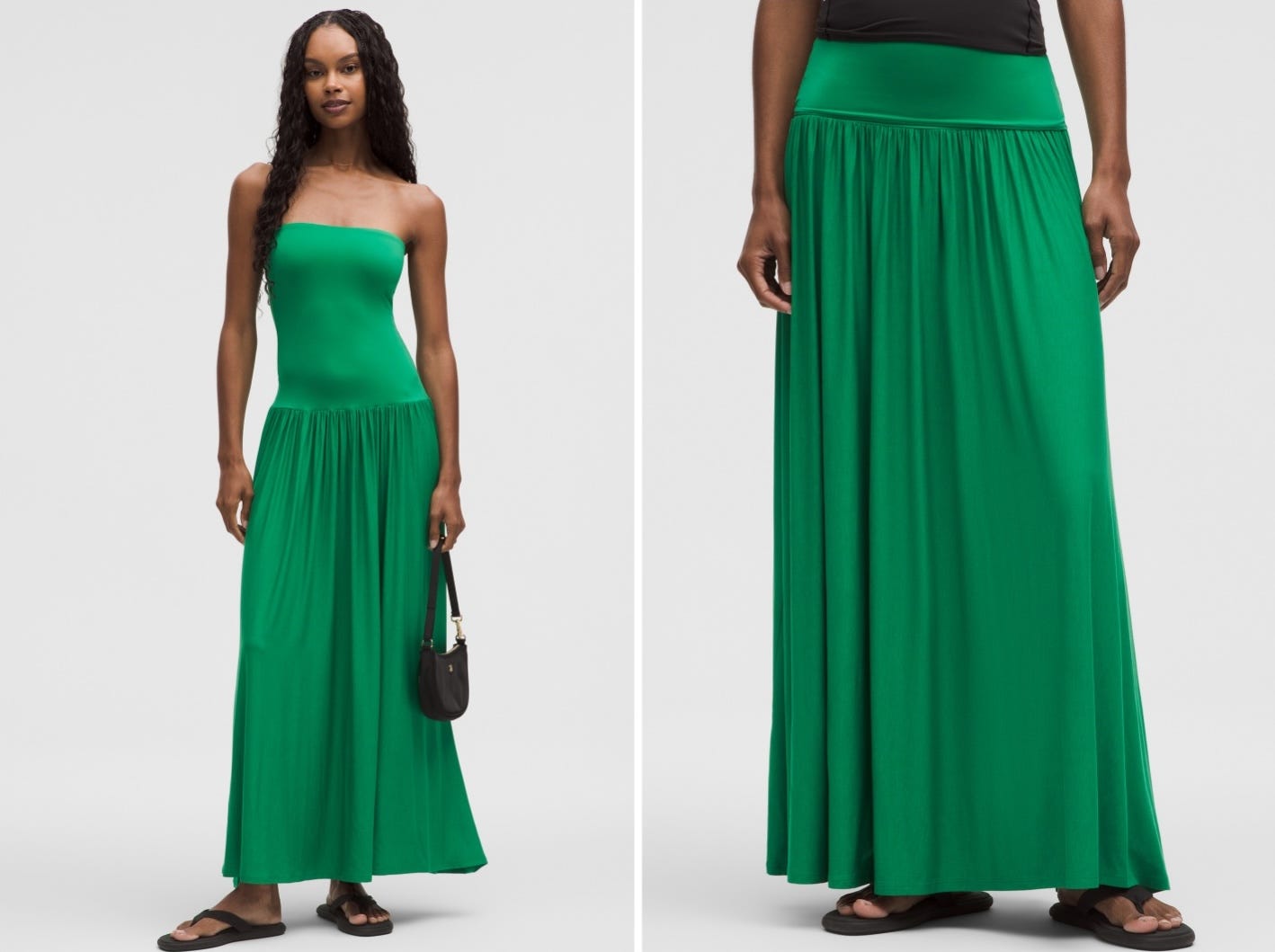 A model wears the 2-in-1 Maxi Dress in green from Lululemon.