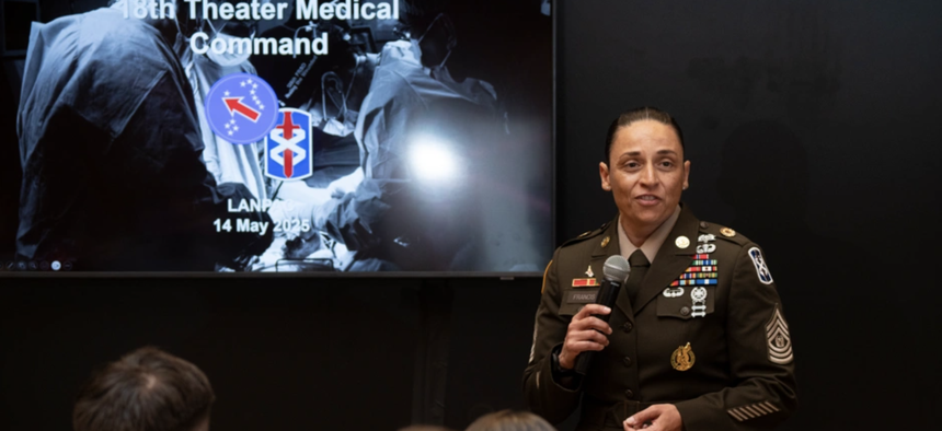 Command Sgt. Maj. Jennifer Francis, 18th Theater Medical Command's senior enlisted advisor, discusses medical posture advancements in the Indo-Pacific region during Lnd Forces Pacific (LANPAC) Symposium and Exposition 2025. 
