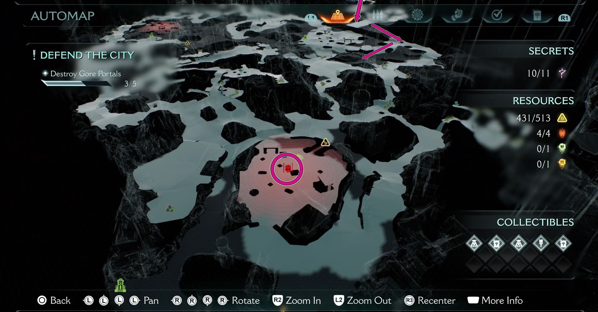 A Doom: The Dark Ages screenshot of Chapter6’s map showing the location of the leader you must face to acquire an Ammo upgrade.
