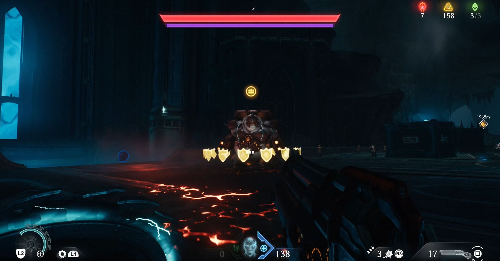 A Doom: The Dark Ages screenshot showing an armored Mancubus demon revolved by shield icons.
