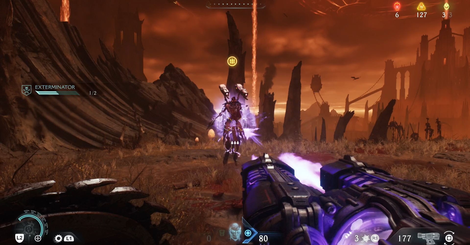 A Doom: The Dark Ages screenshot showing a Revenant, one of the demons found in the game. 