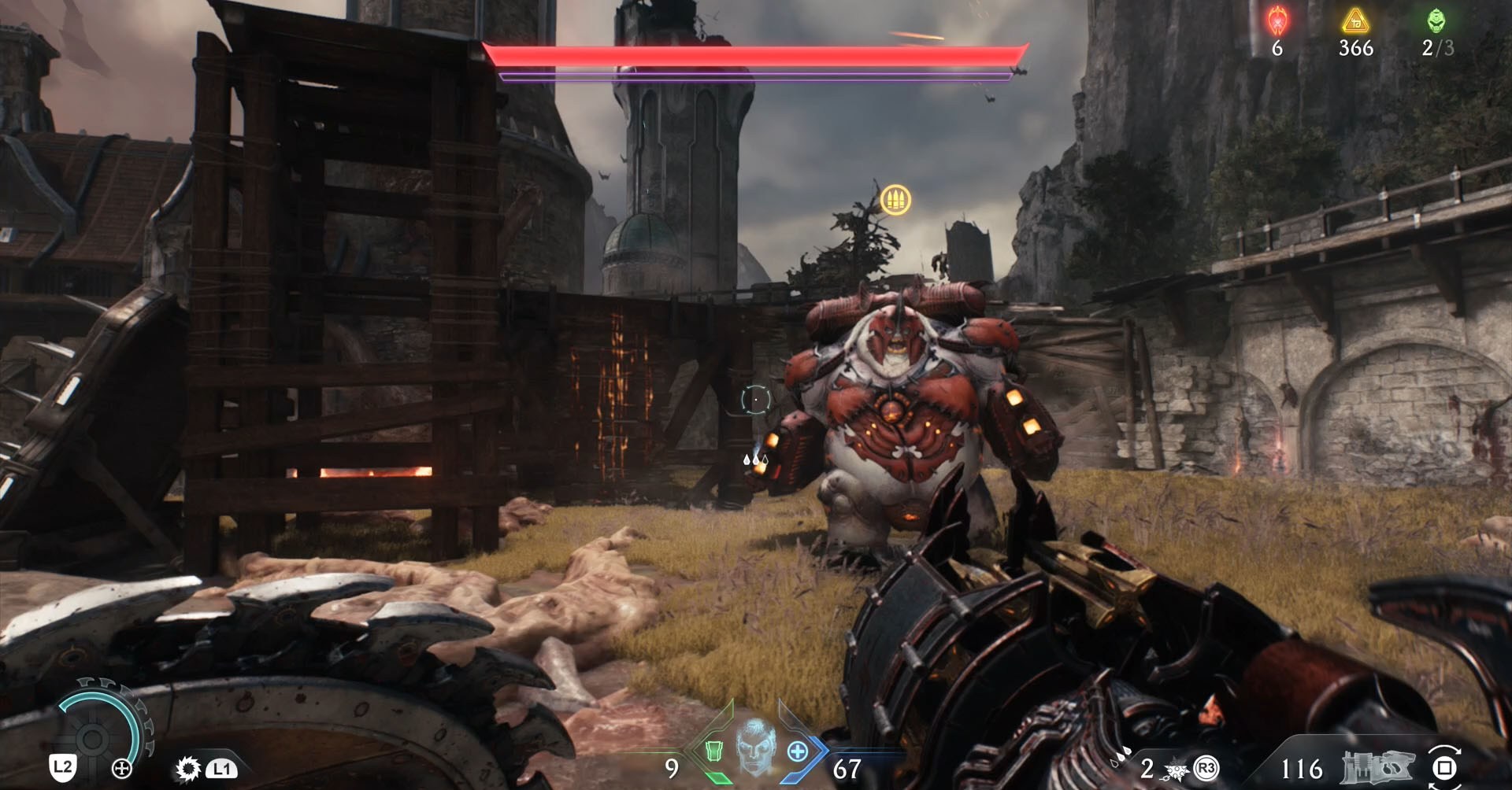 A Doom: The Dark Ages screenshot showing an armored Mancubus, the leader of the Cpater 6.