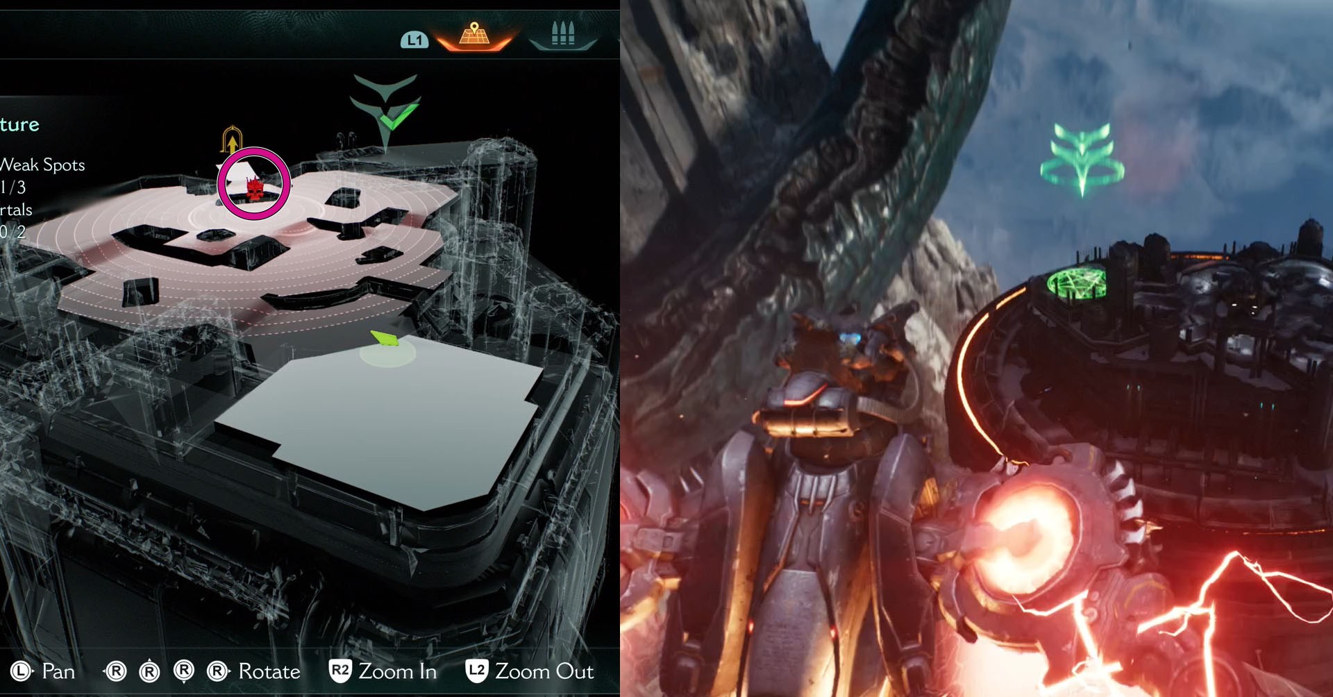 A montage with two screenshots from Doom: The Dark Ages. On the left side, you see part of Chapter’s 13 map showing where the leader of the map is. On the right side, a screenshot showing the landing spot.