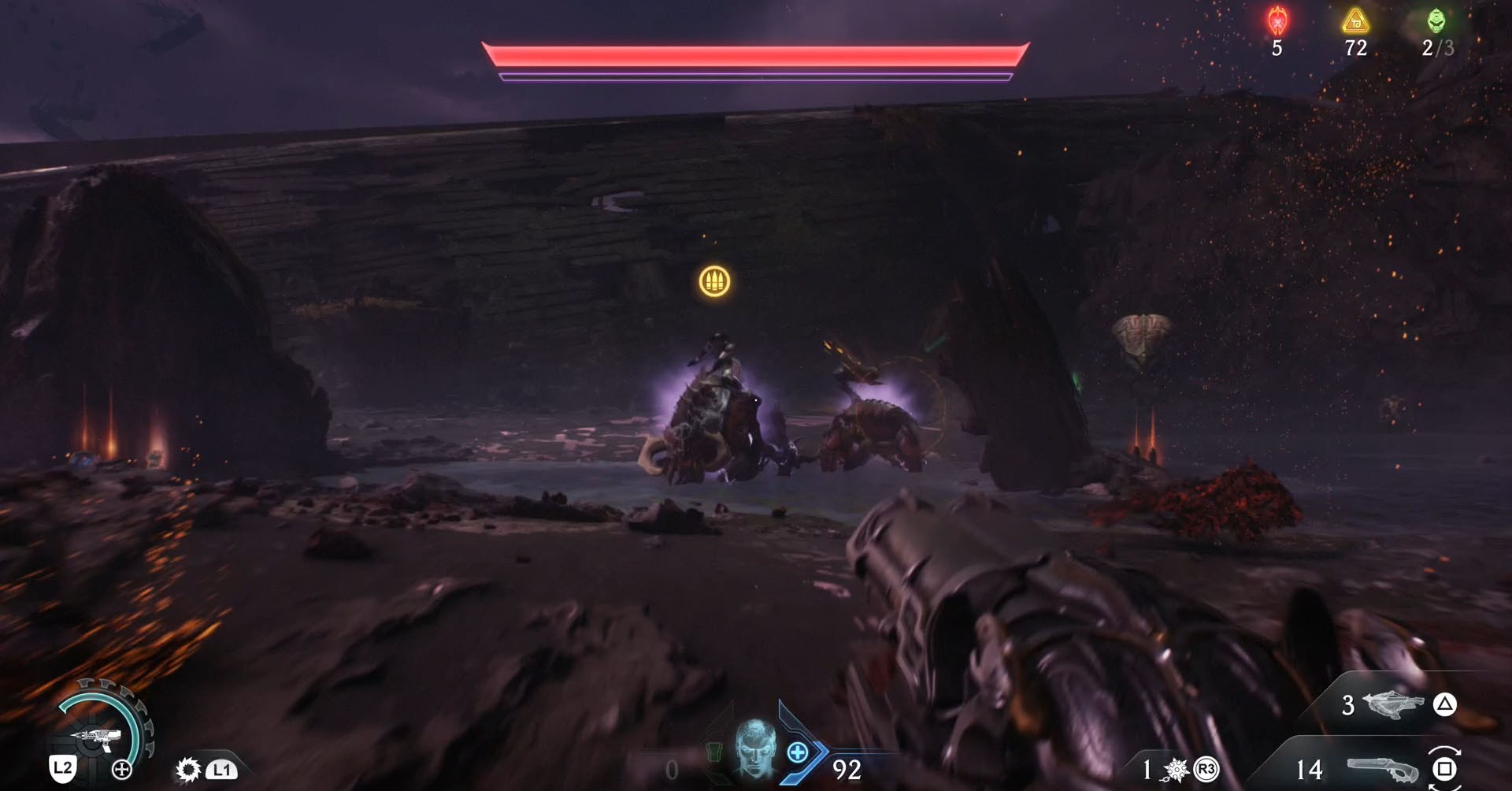A Doom: The Dark Ages screenshot showing a Pinky Rider, a demon riding a hellspawn who is one of the leaders in Chapter 17.