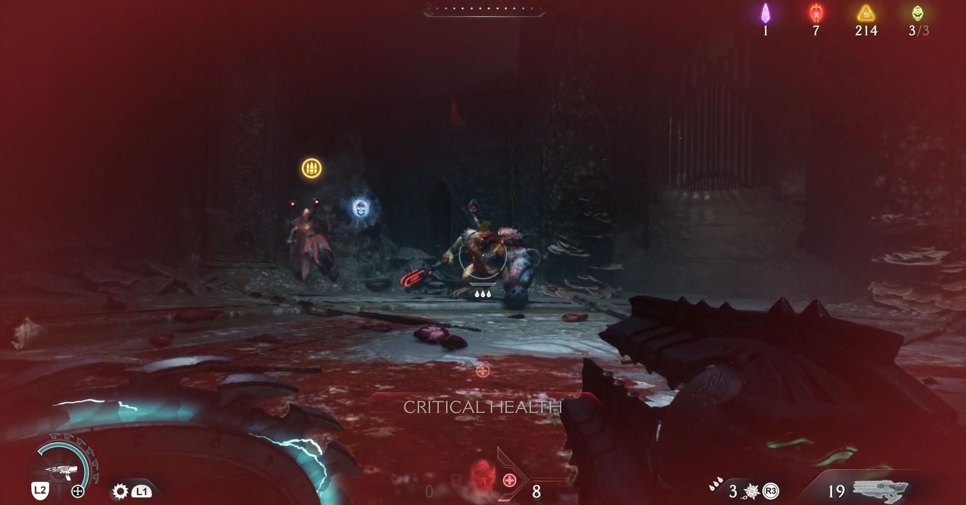 A Doom: The Dark Ages screenshot showing a Revenant and a Komodo, two demons found in the game. The first is the leader of Chapter 14.