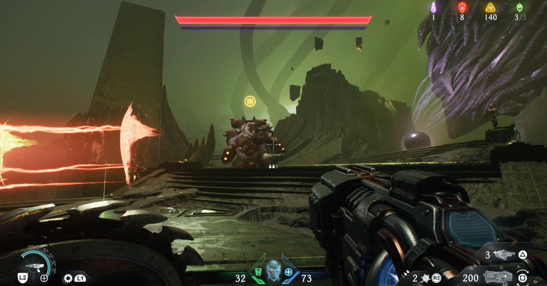 A Doom: The Dark Ages screenshot showing an armored Mancubus, the leader of Chapter 16.