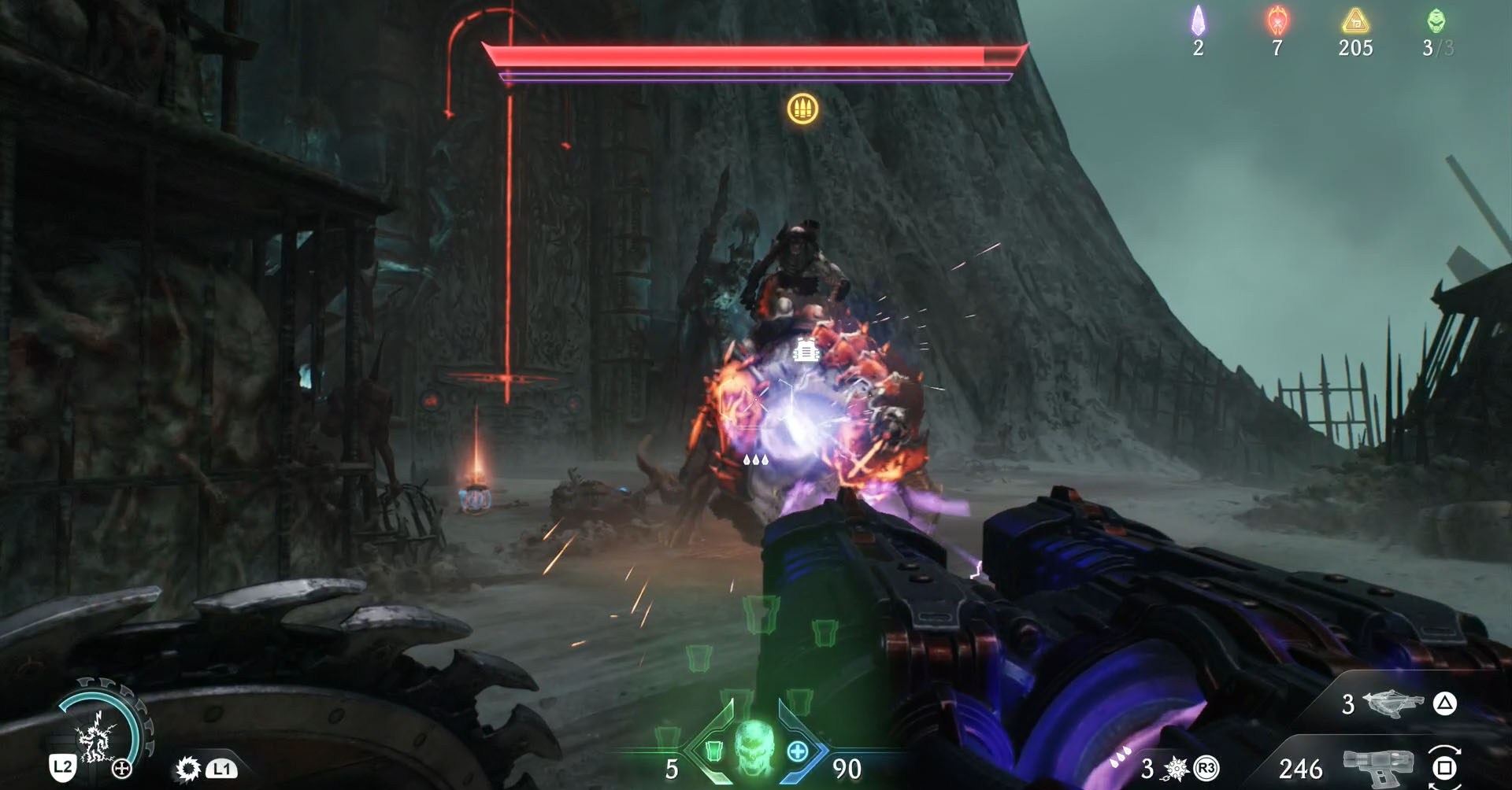 A Doom: The Dark Ages screenshot showing an armored Pinky Rider. They are the leader in Chapter 19.