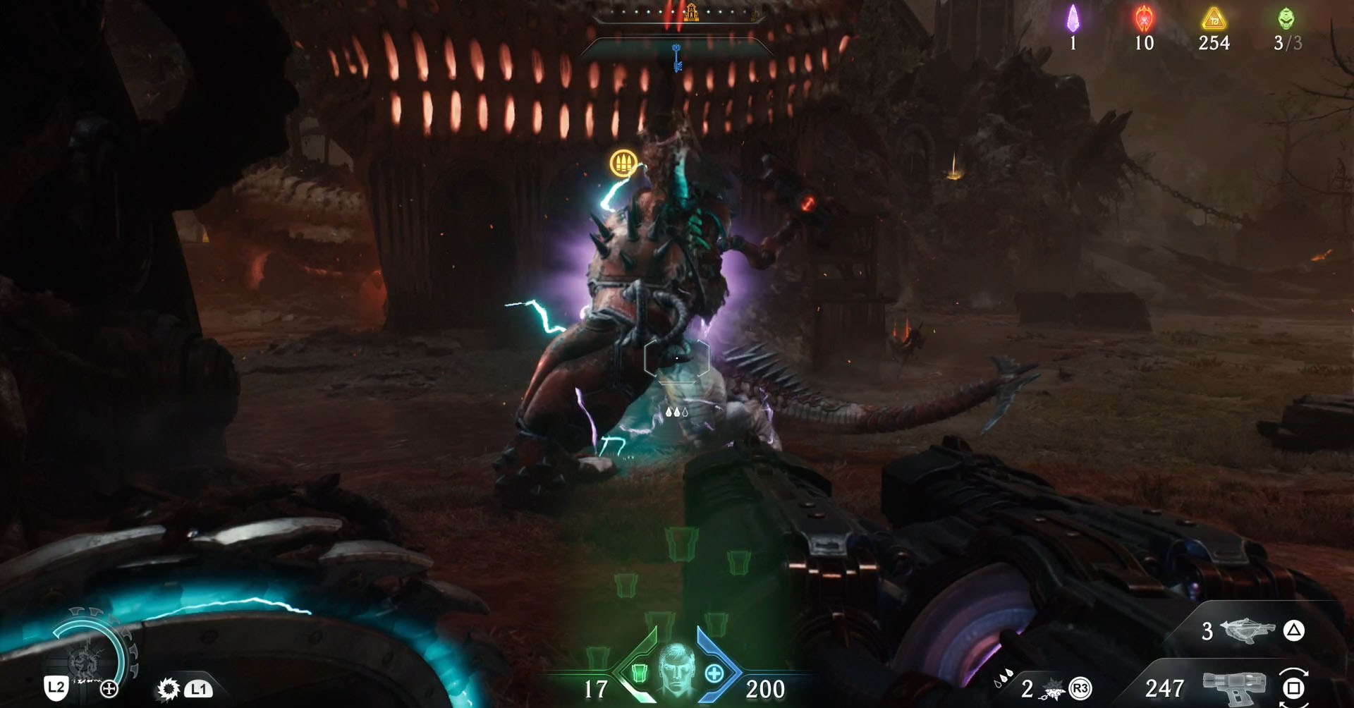 A Doom: The Dark Ages screenshot showing a Komodo raising their robotic arm. They are the leader of Chapter 20.