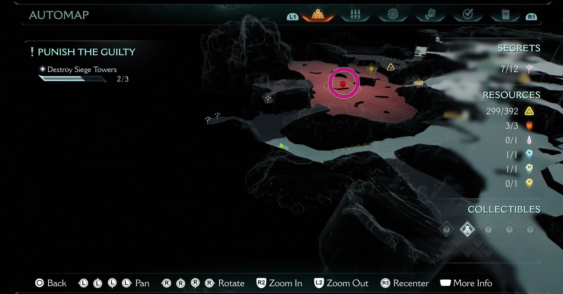 A Doom: The Dark Ages screenshot showing the map of Chapter 20 and where the leader is located. You can see a red zone in the middle of a gray map.