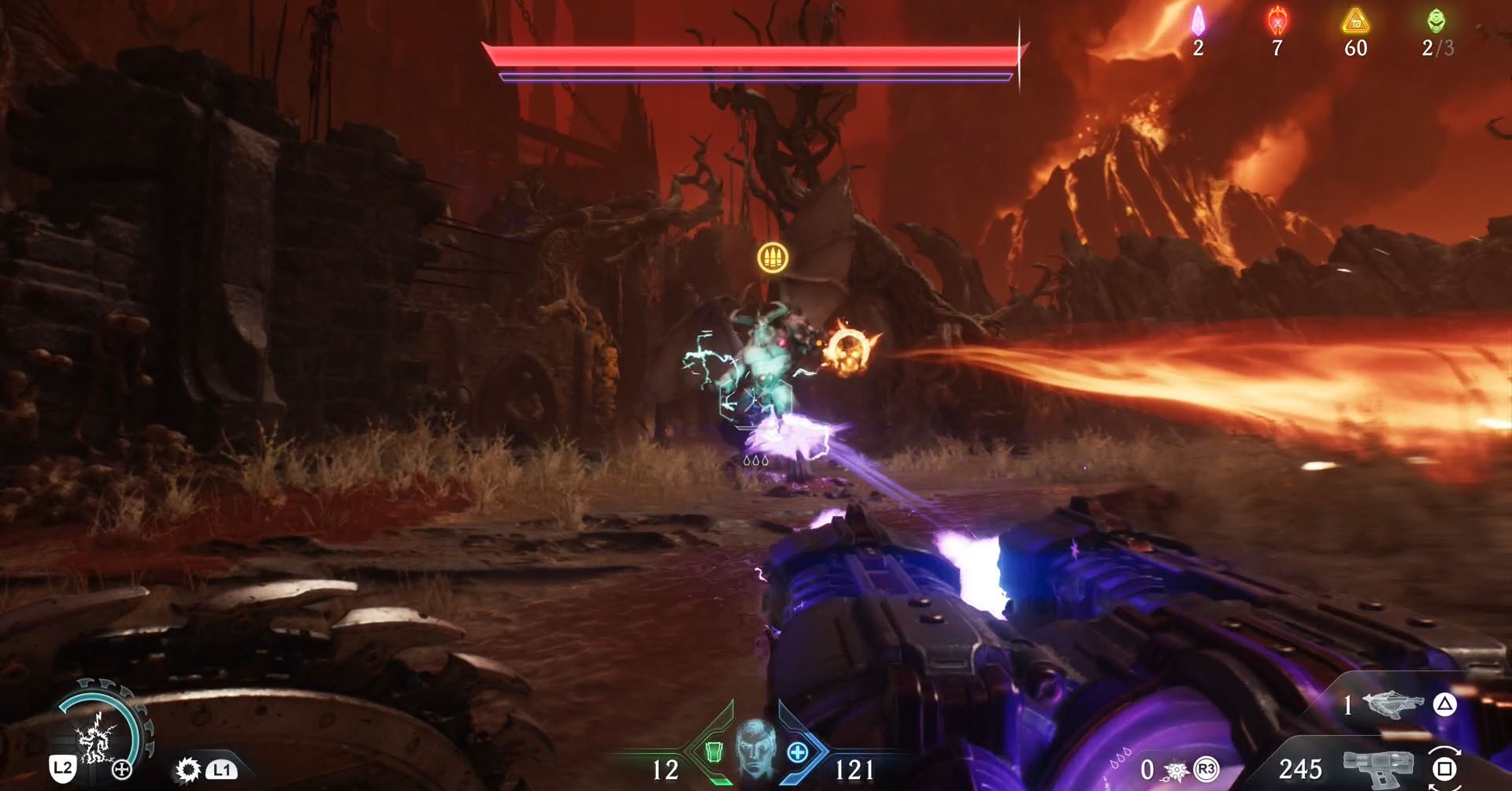 A Doom: The Dark Ages screenshot showing a Cyberdemon shooting skulls of fire. They are the leader of Chapter 22.