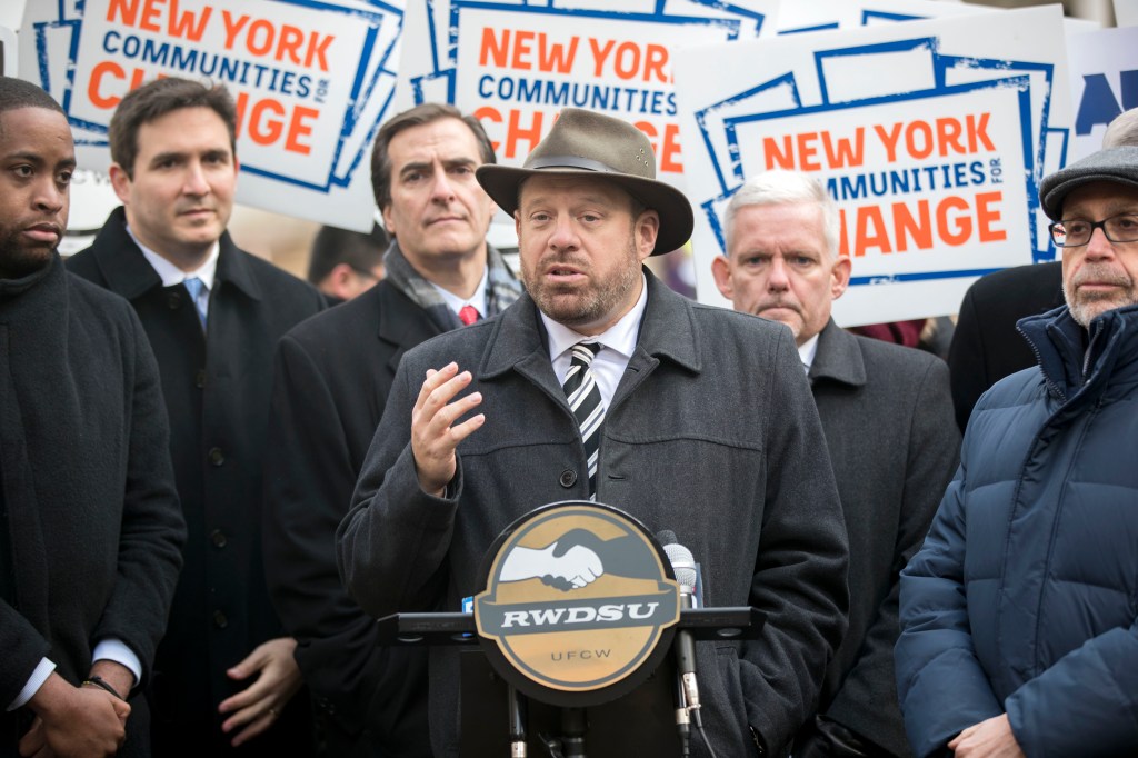 City Council member Rory Lancman speaking at a protest rally against Amazon HQ2 in City Hall Park, New York.