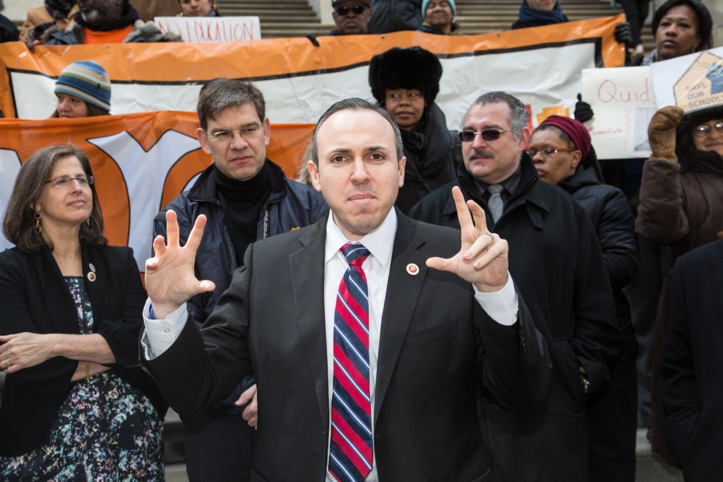 Brooklyn Councilman Mark Treyger at a rally condemning the funding disparity between charter schools and traditional district schools, held at the Department of Education building in Manhattan, New York City, 2014