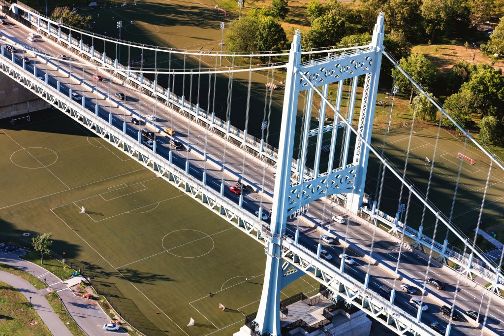 Aerial view of the Triborough Bridge on Randall's Island in New York City.