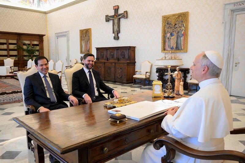 Pope Leo XIV meets U.S Vice President JD Vance and U.S. Secretary of State Marco Rubio at the Vatican, May 19, 2025. Vatican Media/­Simone Risoluti/Handout via REUTERS    ATTENTION EDITORS - THIS IMAGE WAS PROVIDED BY A THIRD PARTY.     TPX IMAGES OF THE DAY
