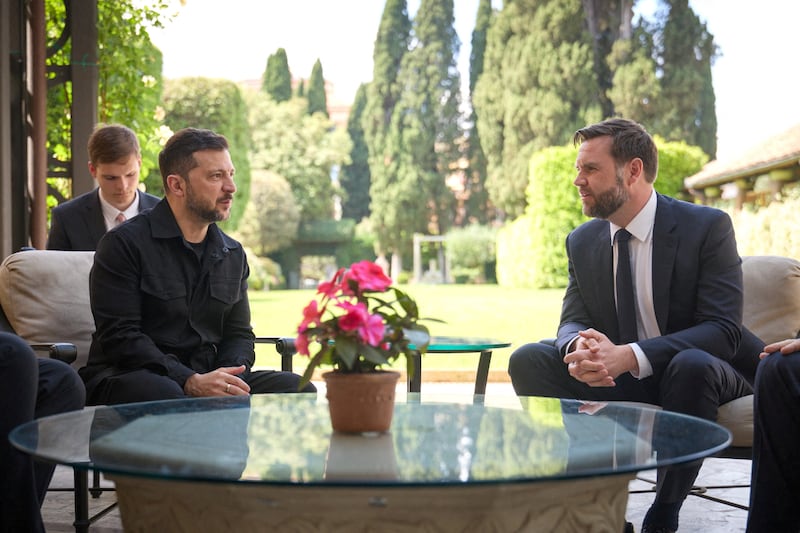 Ukraine's President Volodymyr Zelenskiy meets U.S. Vice President JD Vance in Rome, Italy May 18, 2025.  Ukrainian Presidential Press Service/Handout via REUTERS ATTENTION EDITORS - THIS IMAGE HAS BEEN SUPPLIED BY A THIRD PARTY.      TPX IMAGES OF THE DAY