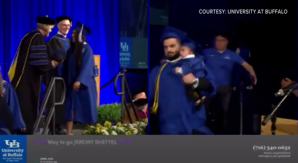 Jean Paul Al Arab carries his son to the stage as a security guard chases after them at the University at Buffalo's College of Art and Sciences Commencement ceremony on May 18, 2025.
