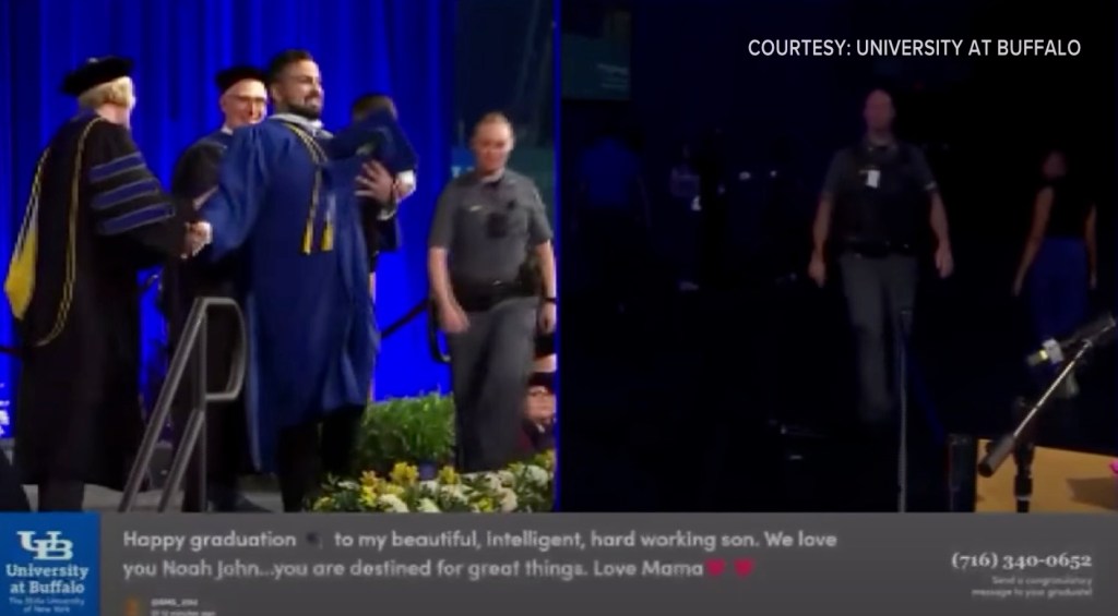 Al Arab gestures to the crowd after successfully running on stage as a police officer follows behind him.