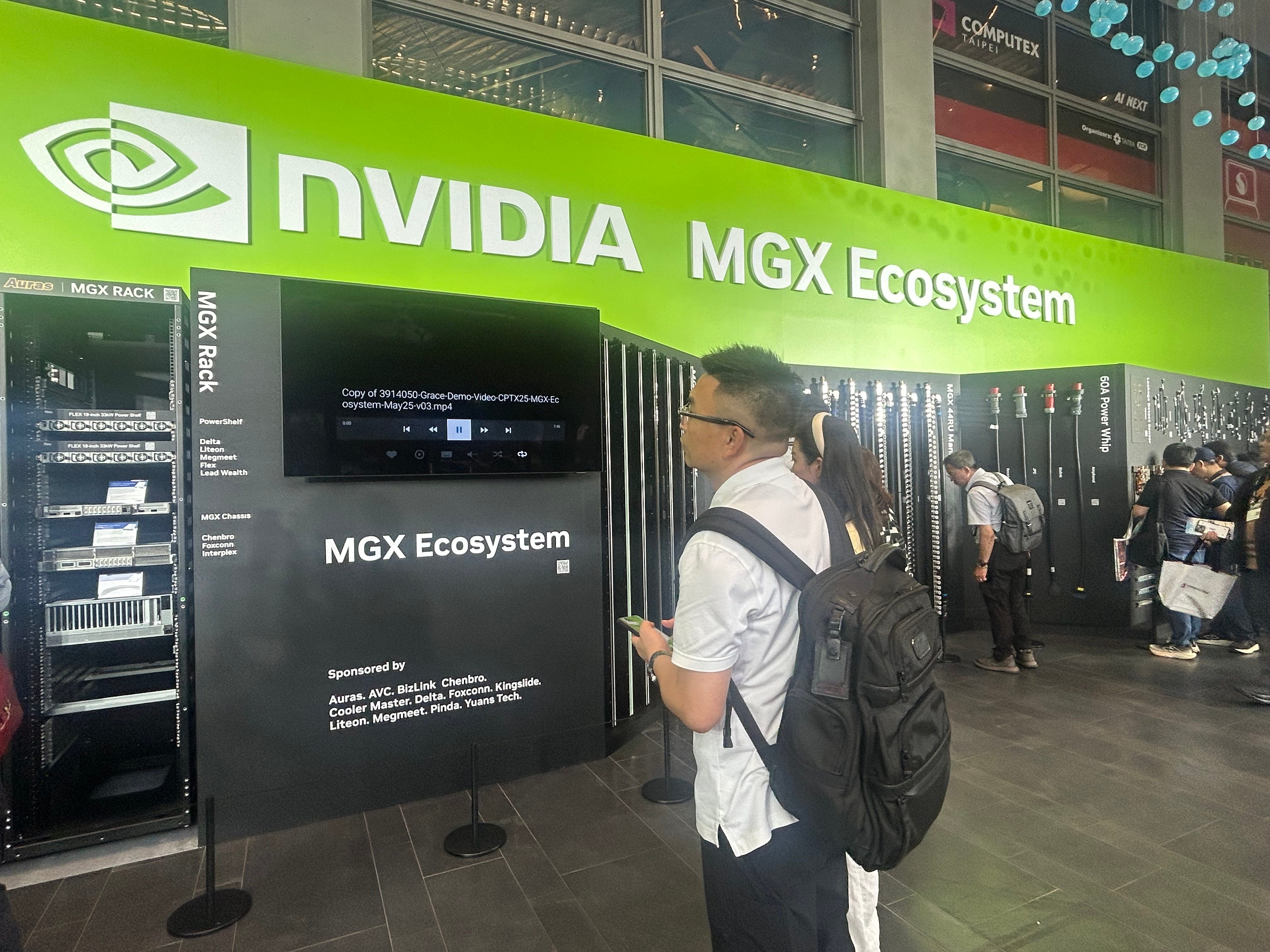 An exhibit wall of Nvidia's MGX Ecosystem.