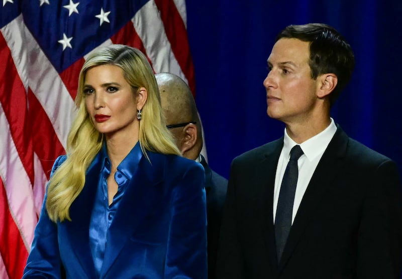 Ivanka Trump and her husband Jared Kushner listen to Donald Trump speak an election night event at the West Palm Beach Convention Center in West Palm Beach, Florida.