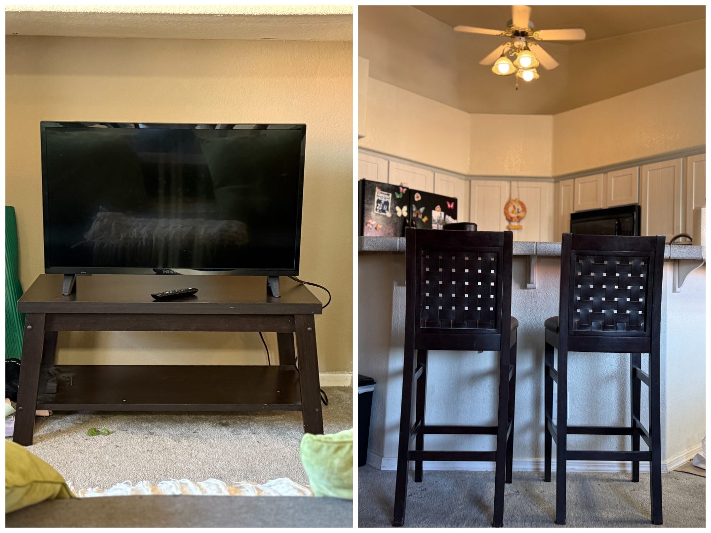 side by side photo: on left is a tv on a tv stand; on right are two black bar stools at a kitchen counter