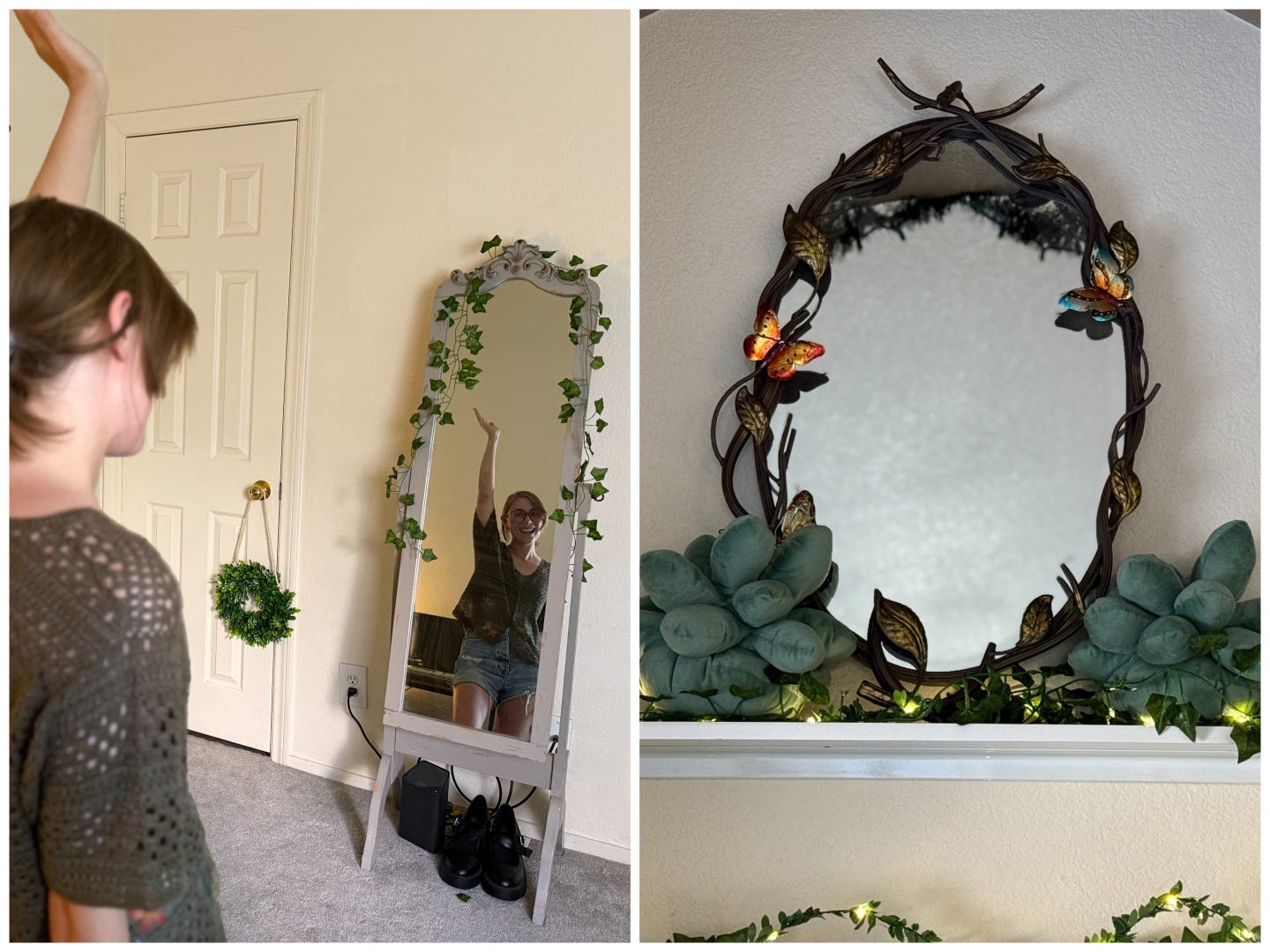 side by side photo; on left is a person staring in a mirror; right is a close up of an orante mirrors with metal butterflies and leaves