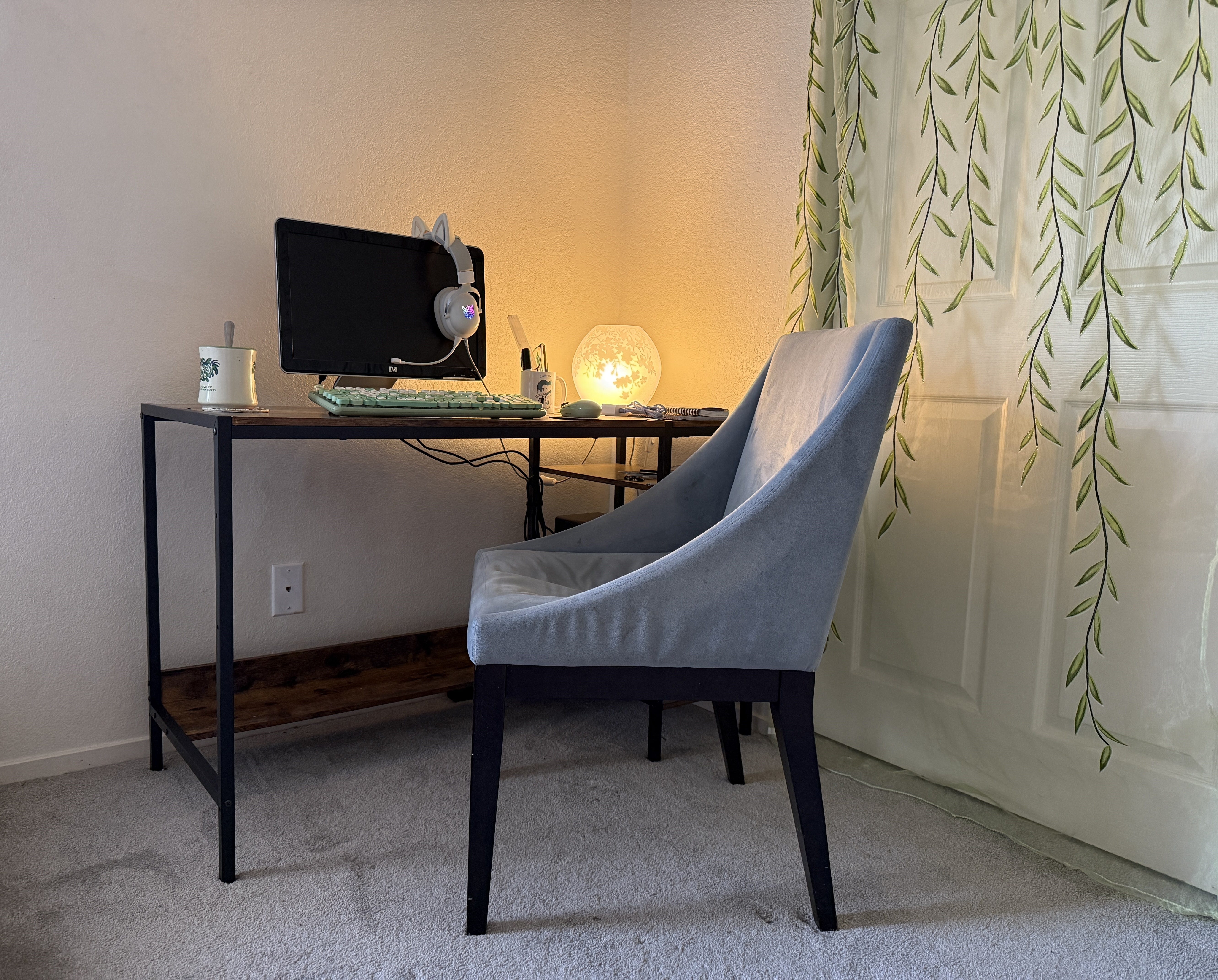 Blue suade chair that Lauryl Fischer found curbside