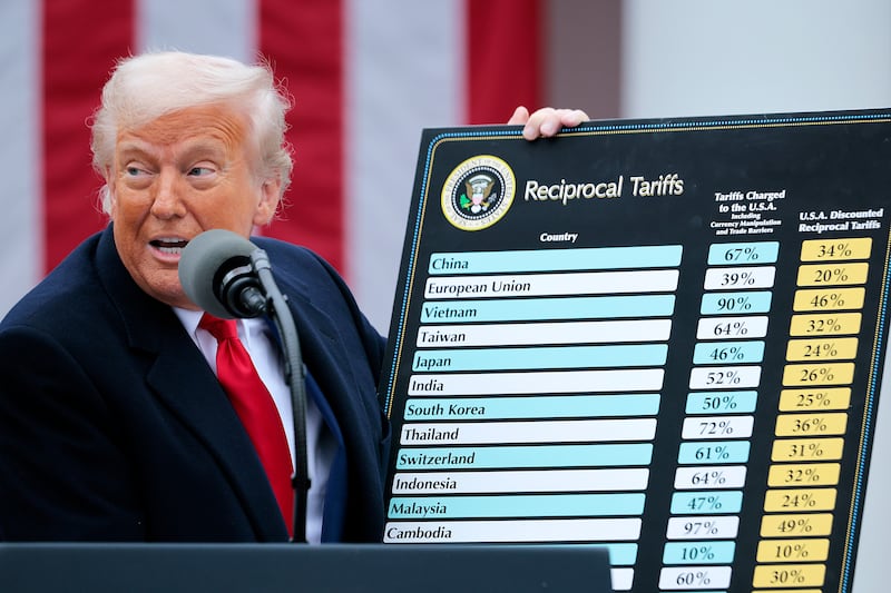 President Donald Trump holds up a chart showing his global tariff plans in the Rose Garden at the White House.