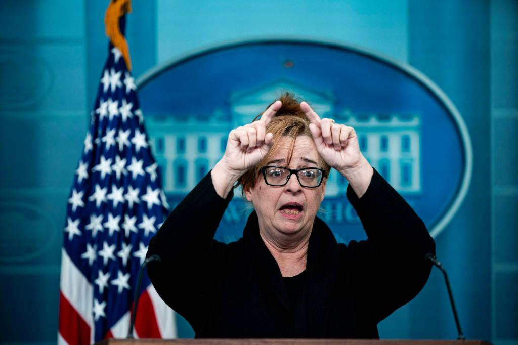 Karoline Leavitt, White House press secretary, speaks during a news conference in the James S. Brady Press Briefing Room of the White House in Washington, DC, US, on Wednesday, April 16, 2025. President Donald Trump's border czar, Tom Homan, said federal agents are going to pour into sanctuary cities and increase enforcement operations at places of employment as the administration looks to ramp up its deportation push. Credit: Al Drago / Pool via CNP. 16 Apr 2025 Pictured: Patty Morin, mother of Rachel Morin, speaks during a news conference in the James S. Brady Press Briefing Room of the White House in Washington, DC, US, on Wednesday, April 16, 2025. President Donald Trump's border czar, Tom Homan, said federal agents are going to pour into sanctuary cities and increase enforcement operations at places of employment as the administration looks to ramp up its deportation push. Credit: Al Drago / Pool via CNP. Photo credit: Al Drago - Pool via CNP / MEGA TheMegaAgency.com sales@mega.global