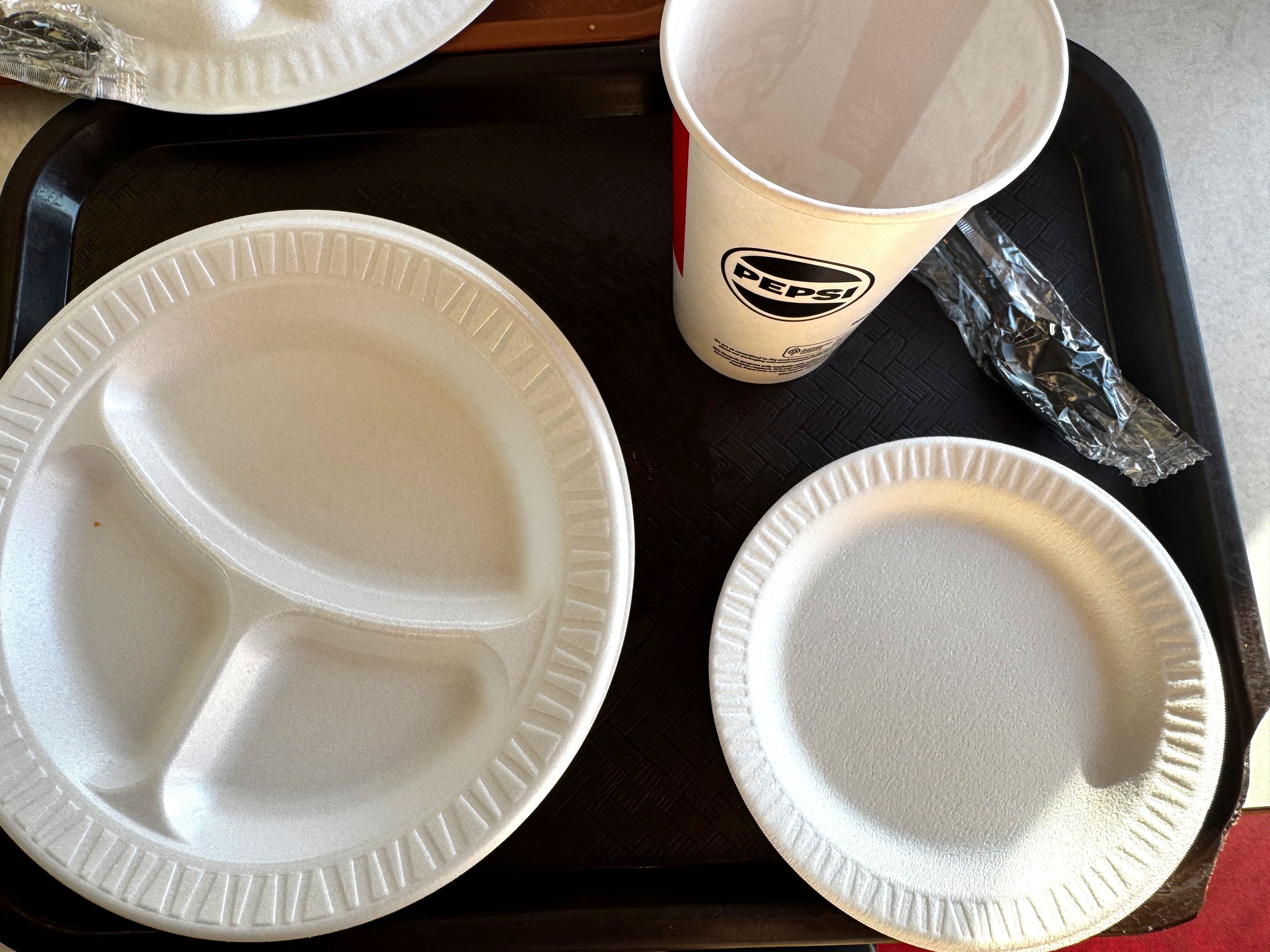 A three-section styrofoam plate, a smaller dessert plate, a beverage cup, and a spork on a black tray.