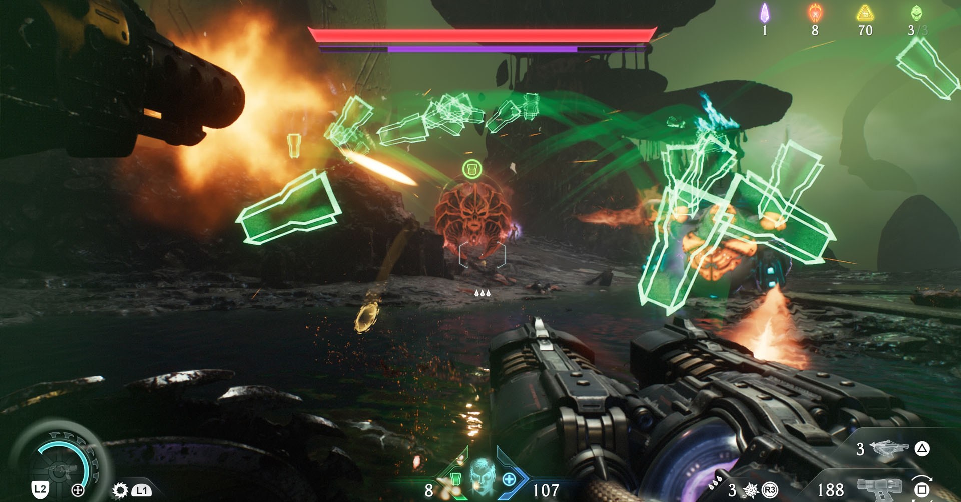 A Doom: The Dark Ages screenshot showing a fight against a demon with lots of green Shield-shaped orbs flaoting toward the screen. 