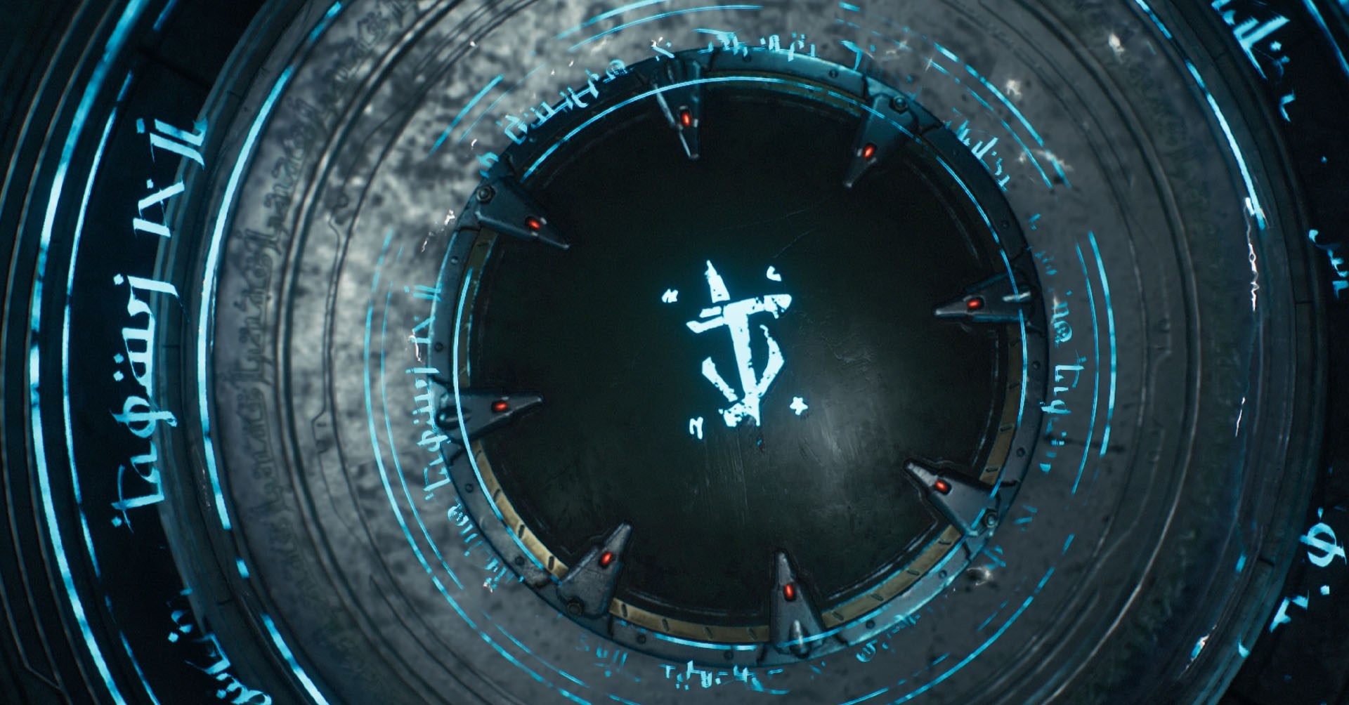 A Doom: The Dark Ages screenshot showing a shield surrounded by a blue magical circle and some runes glowing on it.