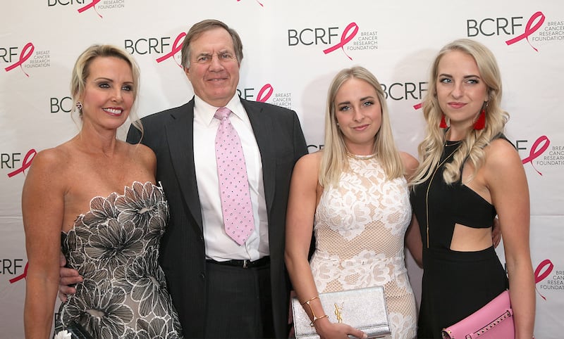 BOSTON, MA - MAY 14: (L-R) Linda Holliday, Bill Belichick, Ashley Hess and Katie Hess attend the Breast Cancer Research Foundation's Boston Hot Pink Party 2015 at the Seaport World Trade Center on May 14, 2015 in Boston, Massachusetts.(Photo by Gail Oskin/Getty Images for Breast Cancer Research Foundation)