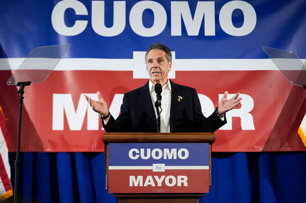 Former New York Gov. Andrew Cuomo speaks at the New York City District Council of Carpenters while campaigning for mayor of New York City, Sunday, March 2, 2025.
