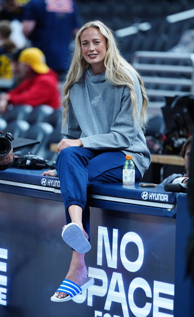 Sophie Cunningham watches her team warm up before the game against the Atlanta Dream on May 20, 2025, at Gainbridge Fieldhouse in Indianapolis.