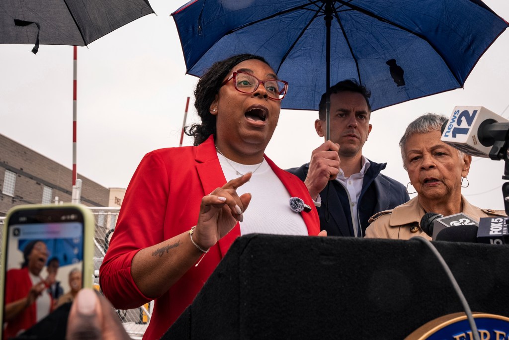 Congresswoman Rep. LaMonica McIver speaking to the press after Newark mayor Ras Baraka's arrest during an immigration protest at Delancey Hall ICE detention prison