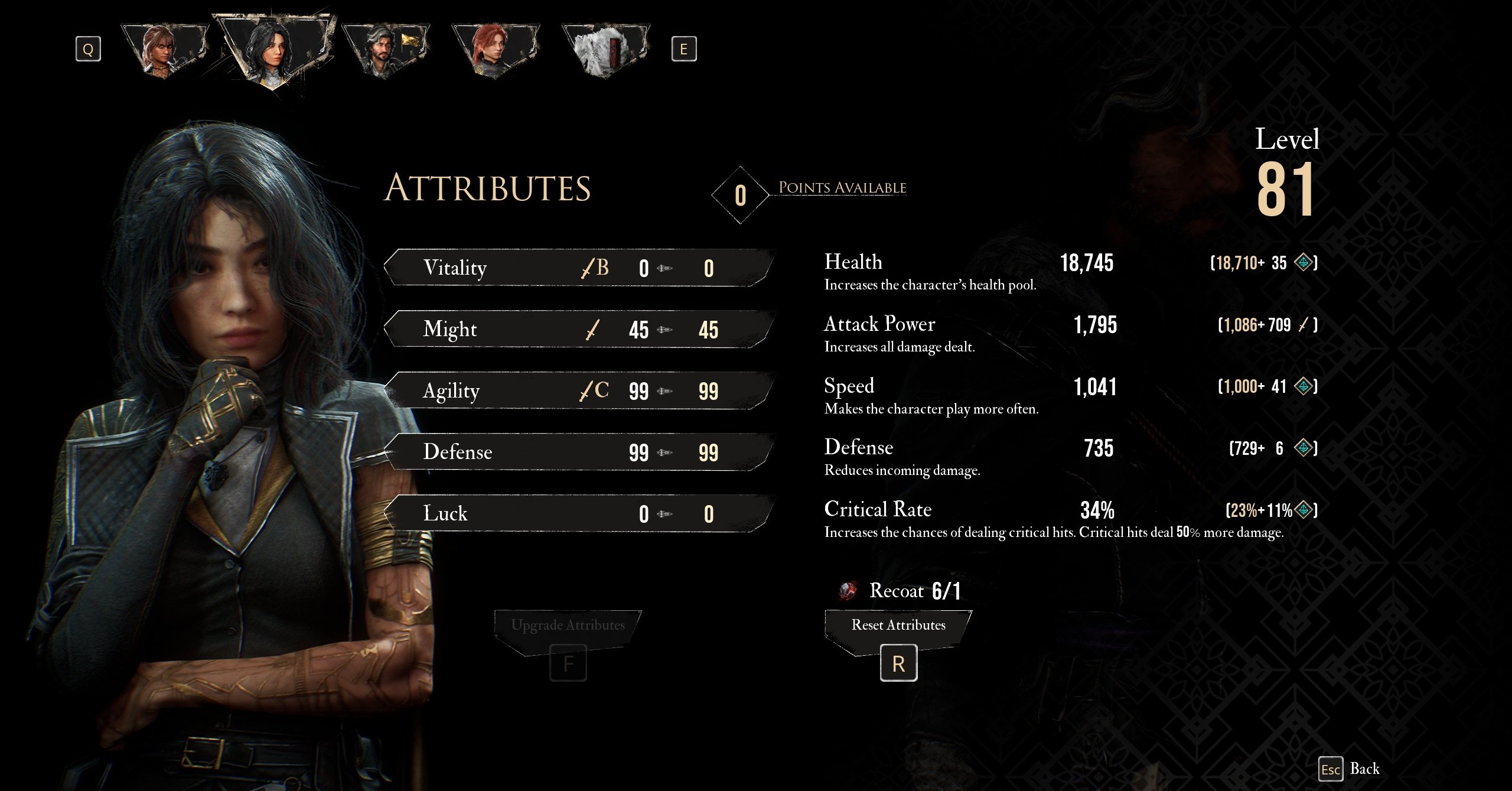 A menu shows the best Lune build attributes in Clair Obscur Expedition 33