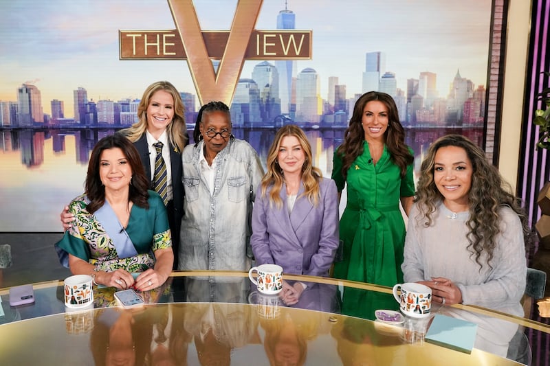 THE VIEW - 3/17/25 - Ellen Pompeo is a guest on "The View" airing on Monday, March 17, 2025. "The View" airs Monday - Friday, 11am - 12 noon ET on ABC. (ABC/ Al Drago) ANA NAVARRO, SARA HAINES, WHOOPI GOLDBERG, ELLEN POMPEO, ALYSSA FARAH GRIFFIN, SUNNY HOSTIN (Photo by AL DRAGO/American Broadcasting Companies, Inc. via Getty Images)