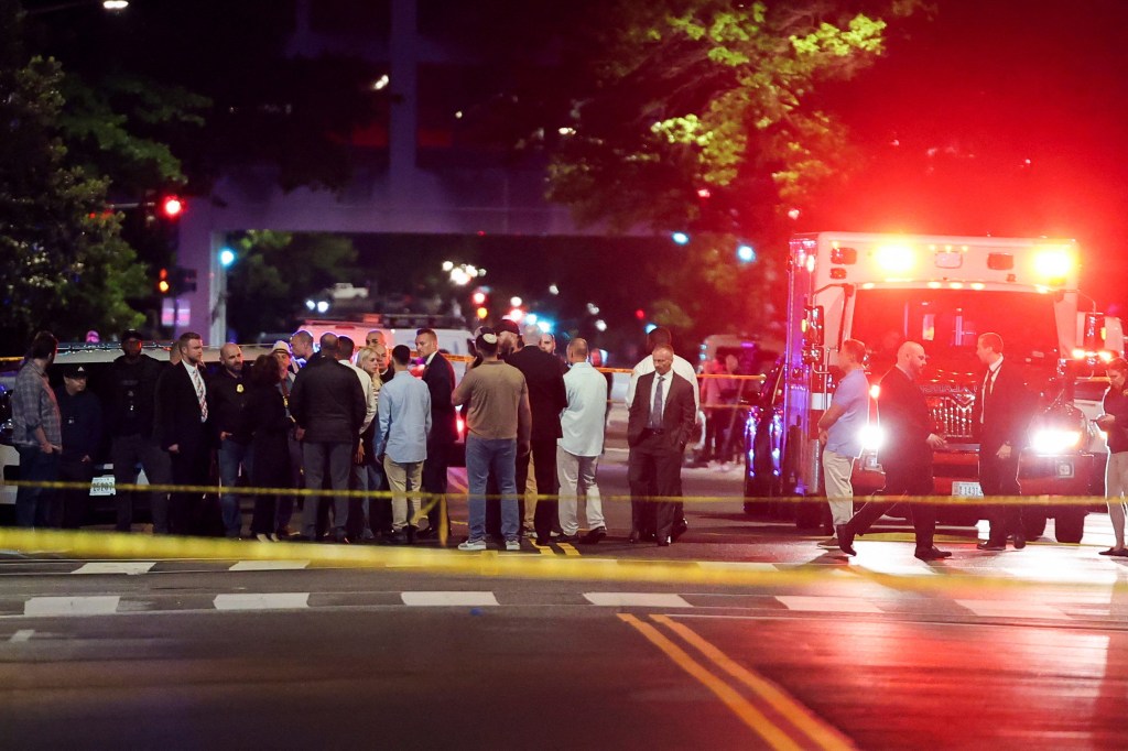 Officials, including Attorney General Pam Bondi and Israeli Ambassador to the US Yechiel Leiter at the scene of the shooting in Washington DC on May 21, 2025.